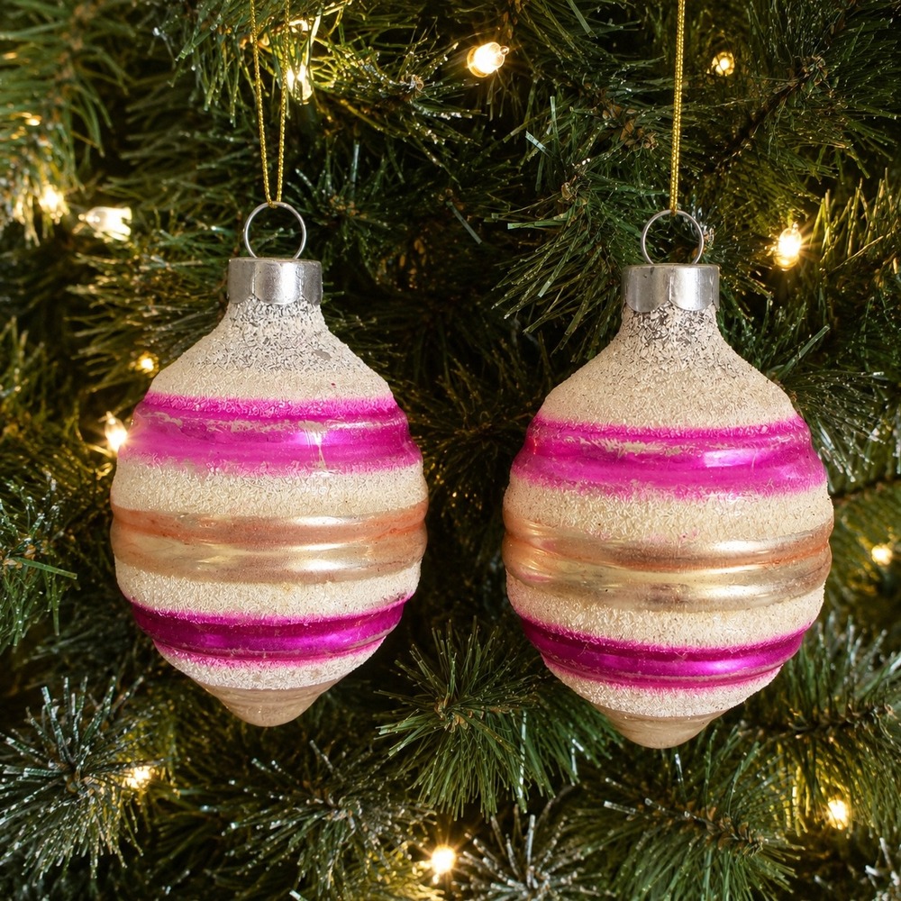 George Franke Pair Christmas Ornaments Beehive Pink Striped Mica USA MCM 1950's